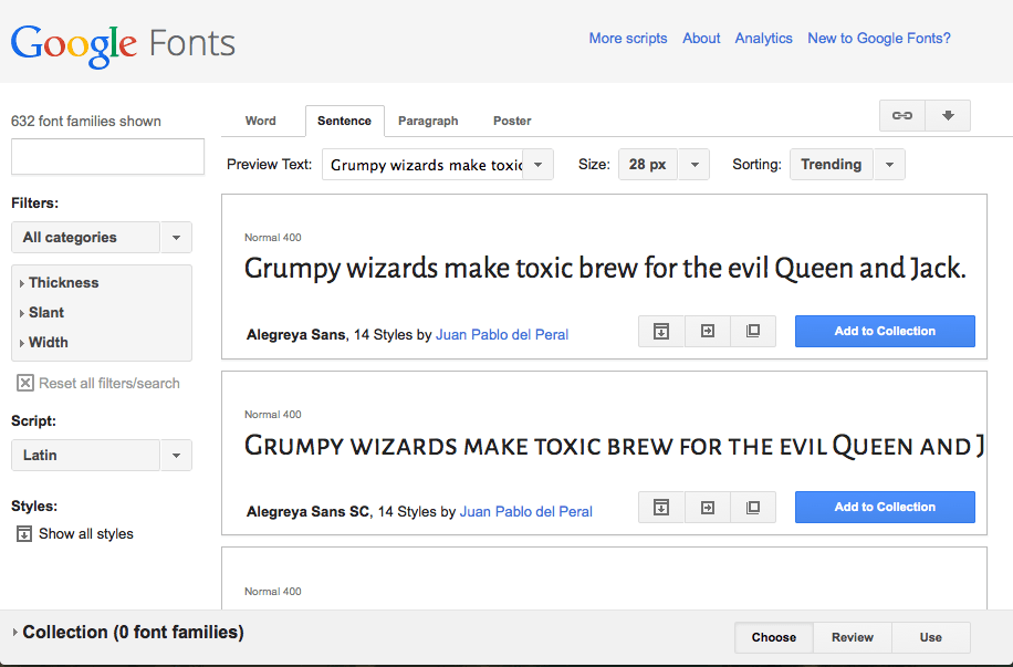 The Google fonts website